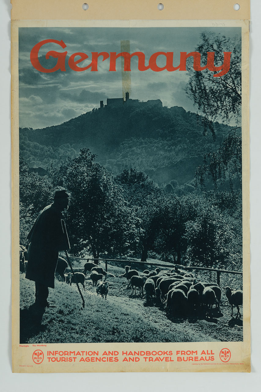 scena pastorale sullo sfondo del castello Wartburg (manifesto) - ambito tedesco (metà sec. XX)