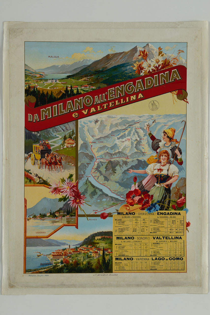 cartiglio con gli orari dei piroscafi, dei treni e delle diligenze sullo sfondo di cinque riquadri con vedute di paesaggi con lago, città, valli e montagne con i tracciati delle linee di collegamento (manifesto) - ambito lombardo (sec. XIX)