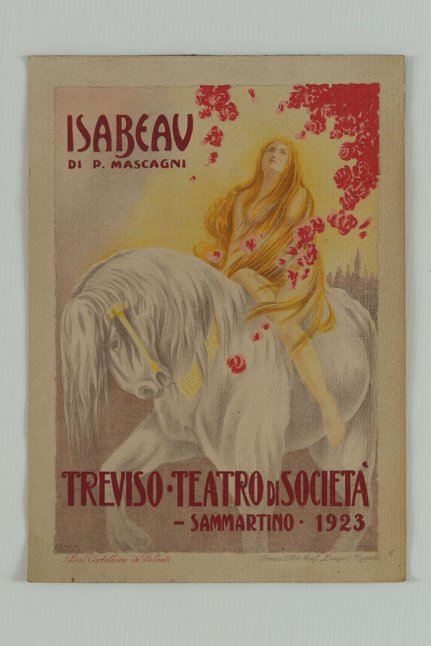 donna dai lunghi capelli biondi in groppa ad un cavallo bianco lambita da una cascata di fiori rossi (manifesto) di Grosso Giacomo (sec. XX)