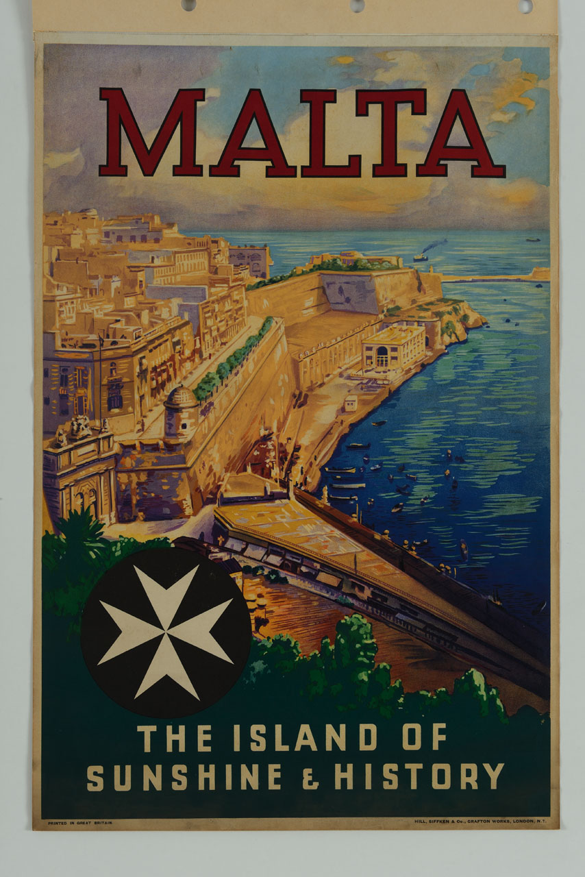veduta di porto con edifici prospicienti il mare (manifesto) - ambito inglese (sec. XX)
