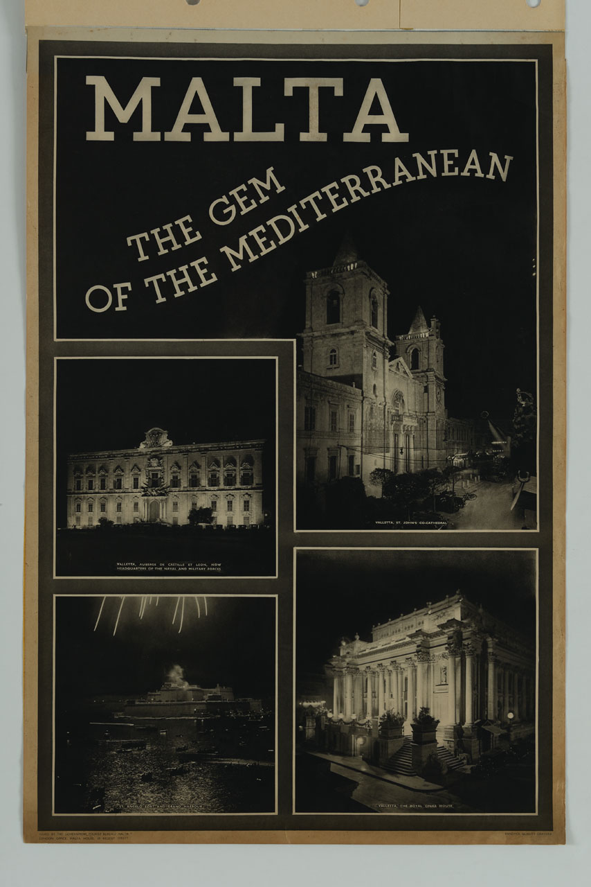 quattro riquadri con vedute di monumenti di Malta (manifesto) - ambito inglese (sec. XX)