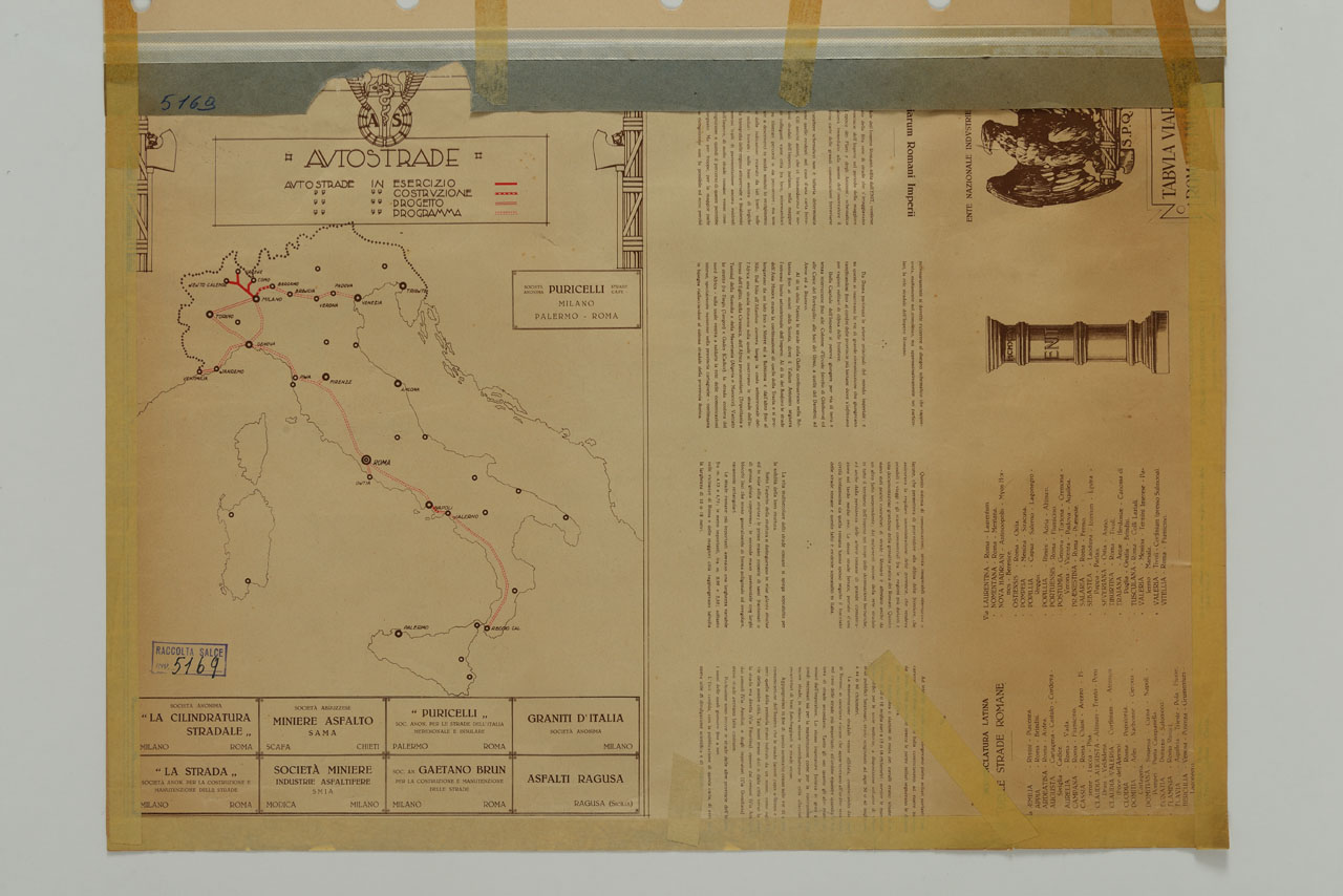 carta geografica delle strade dell’Impero romano entro cornice con fasci littori (manifesto) - ambito romano (sec. XX)