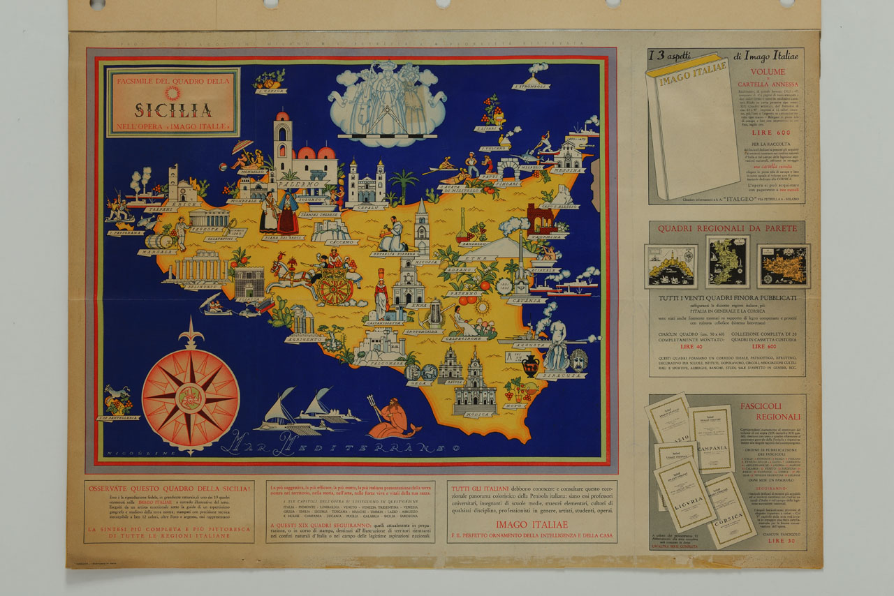 grande riquadro con disegno della Sicilia con bussola, monumenti e figure mitologiche, affiancato da sei riquadri con il piano dell’opera (manifesto) di Nicoùline Vsevolode - ambito italiano (sec. XX)