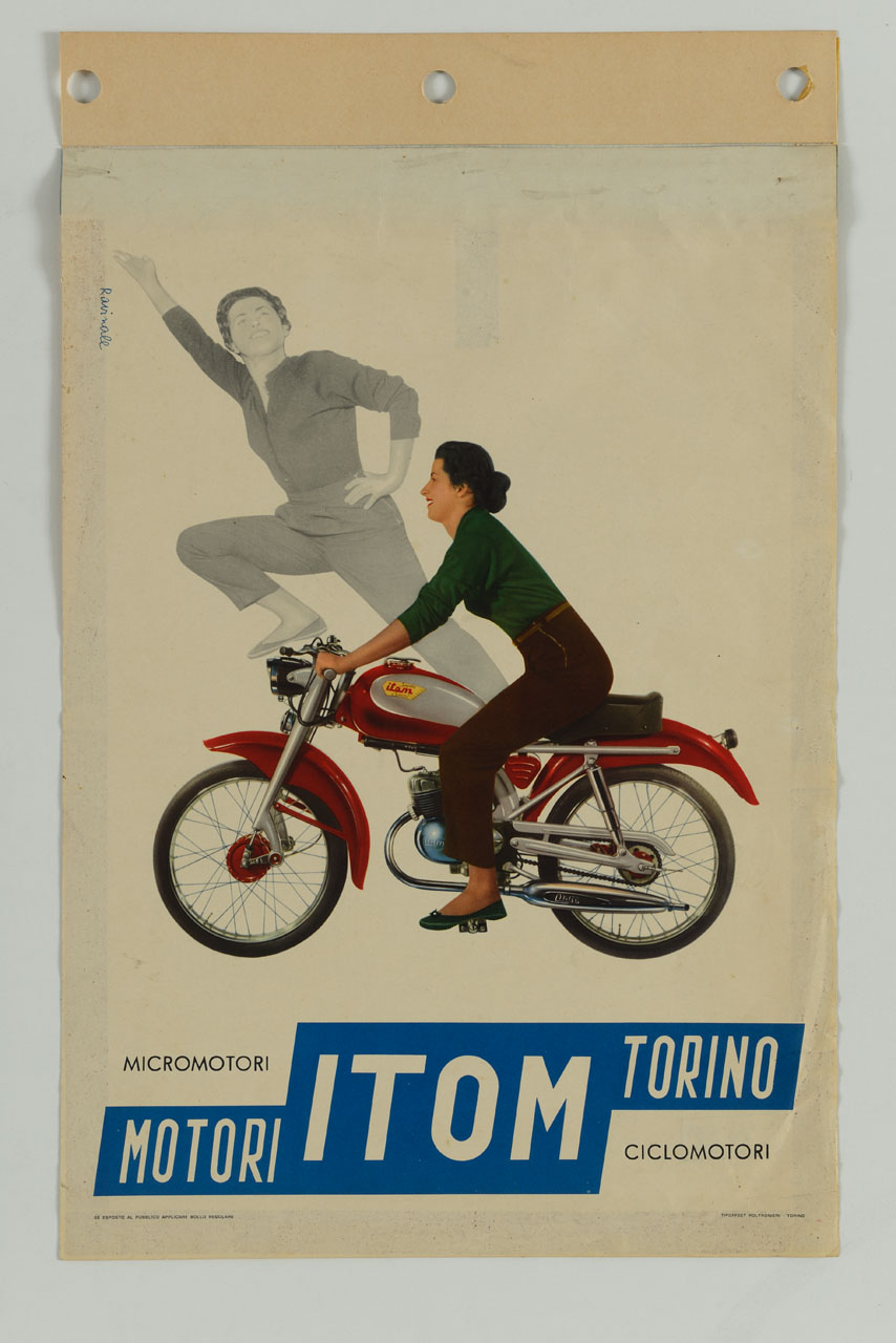 donna guida una motocicletta in primo piano e si slancia verso l'alto sullo sfondo (manifesto) di Ravinale - ambito italiano (metà sec. XX)
