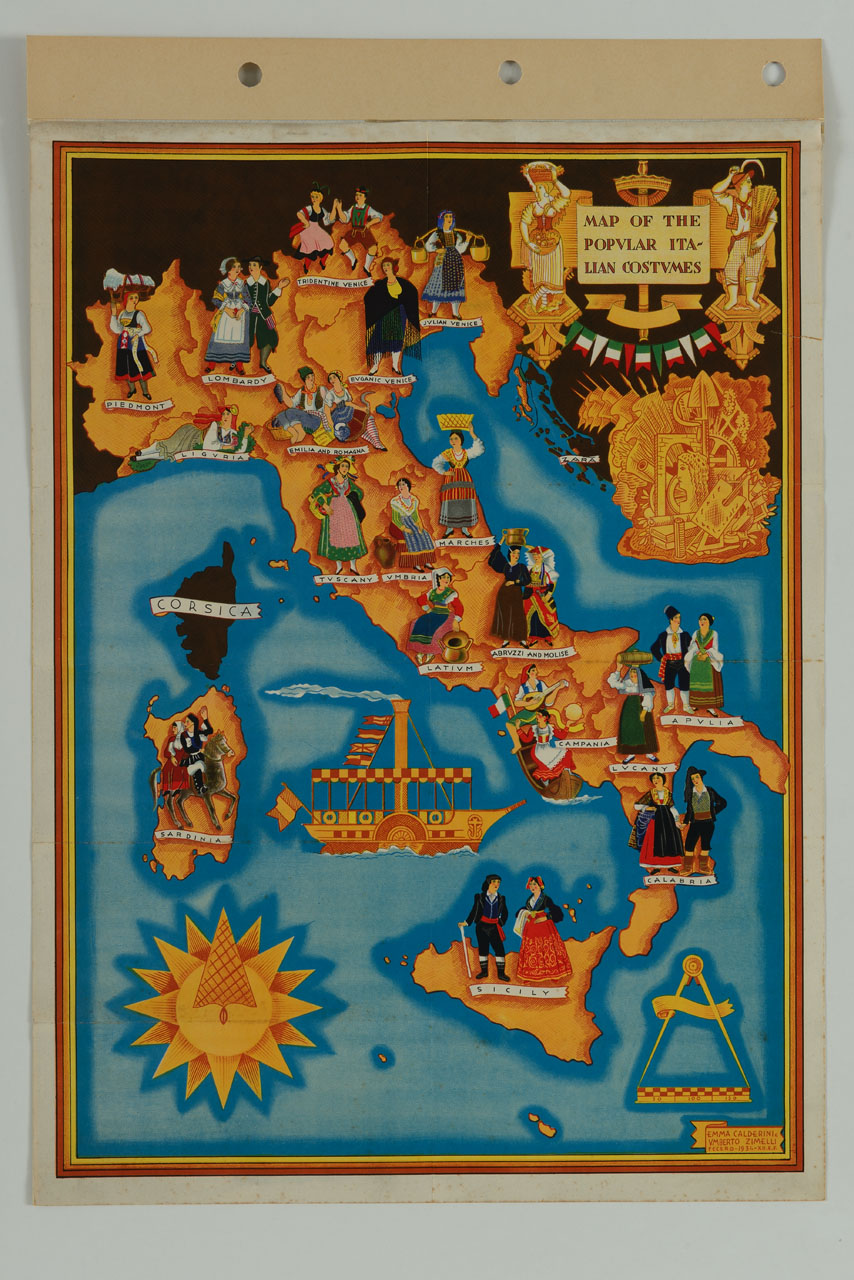 carta dell’Italia con figure femminili e maschili in costumi tradizionali, ghirlanda con bandiera tricolore, bussola e compasso con scala (manifesto) di Zimelli Umberto, Calderini Emma - ambito italiano (sec. XX)