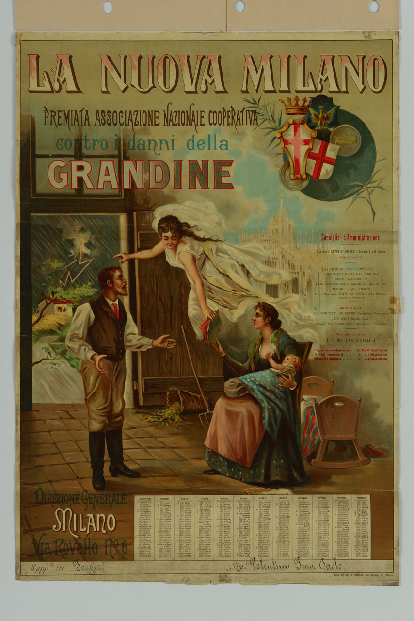 una coppia con bambino in difficoltà per la grandine riceve una polizza da un angelo sullo sfondo del Duomo di Milano (calendario) - ambito lombardo (sec. XIX)