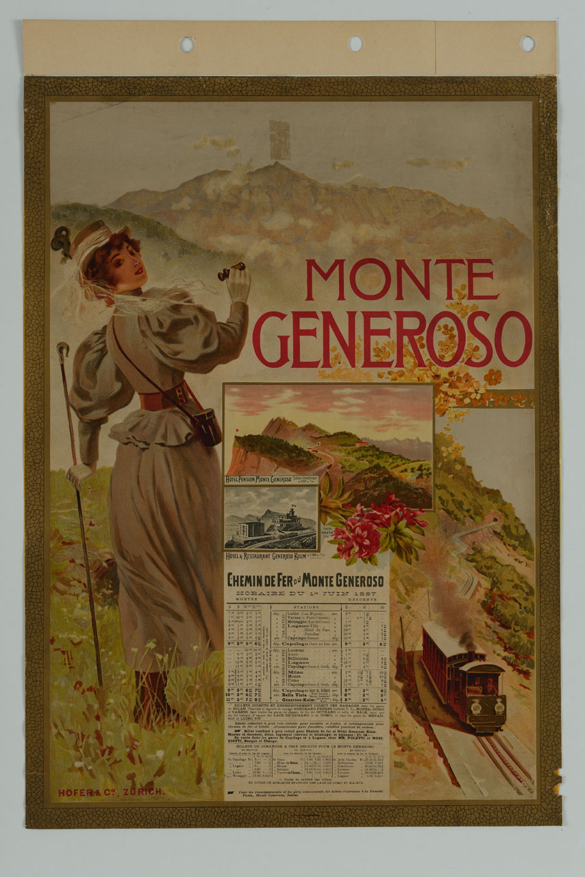 donna con bastone e binocolo sullo sfondo di una montagna verdeggiante osserva un treno che passa, vicino due riquadri con alberghi (manifesto) - ambito svizzero (sec. XIX)