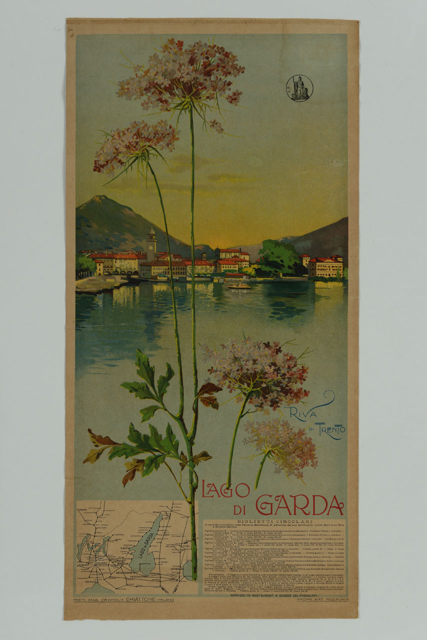 fiori sullo sfondo di una veduta di paesaggio con lago, città e montagne, in basso riquadro con i tracciati delle circolari (manifesto) - ambito lombardo (secc. XIX/ XX)