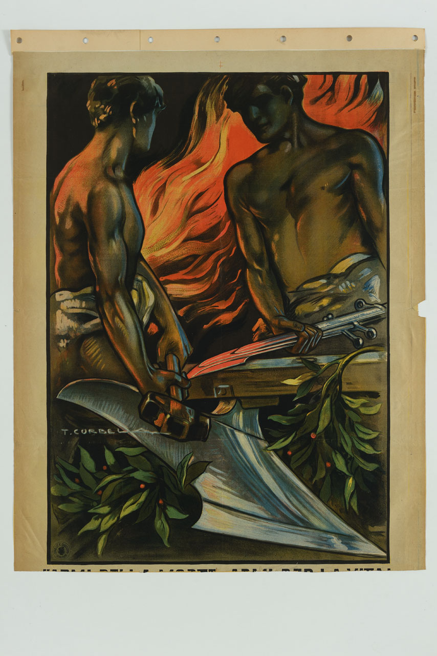 due fabbri entro una fucina forgiano una baionetta sul vomere di un aratro (manifesto) di Corbella Tito (sec. XX)