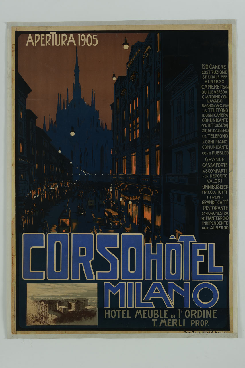 veduta di Milano con il duomo sullo sfondo e il Corso Hotel sulla destra (manifesto) - ambito italiano (sec. XX)