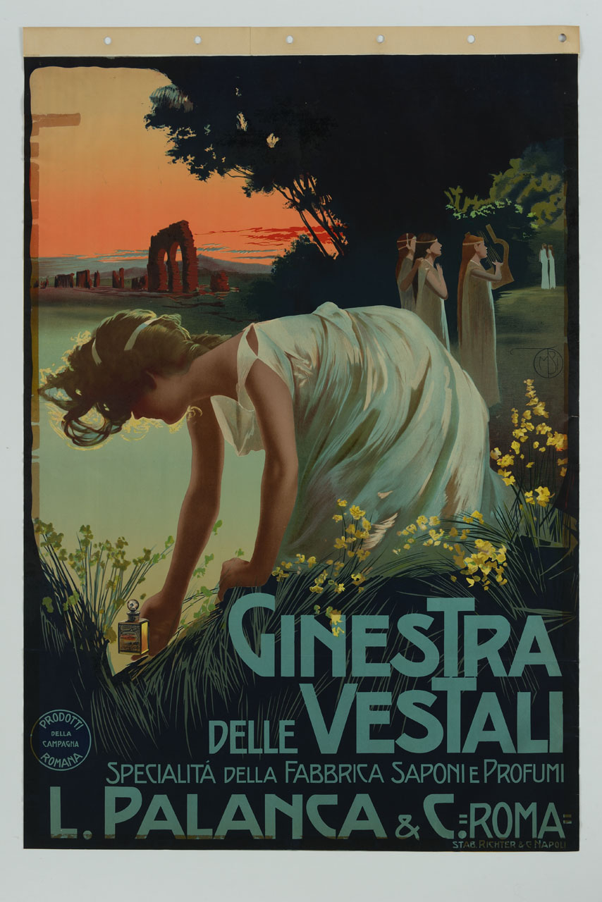 giovane vestale presso la riva raccoglie una boccetta di profumo sullo sfondo di un paesaggio con rovine (manifesto) di Borgoni Mario (sec. XX)