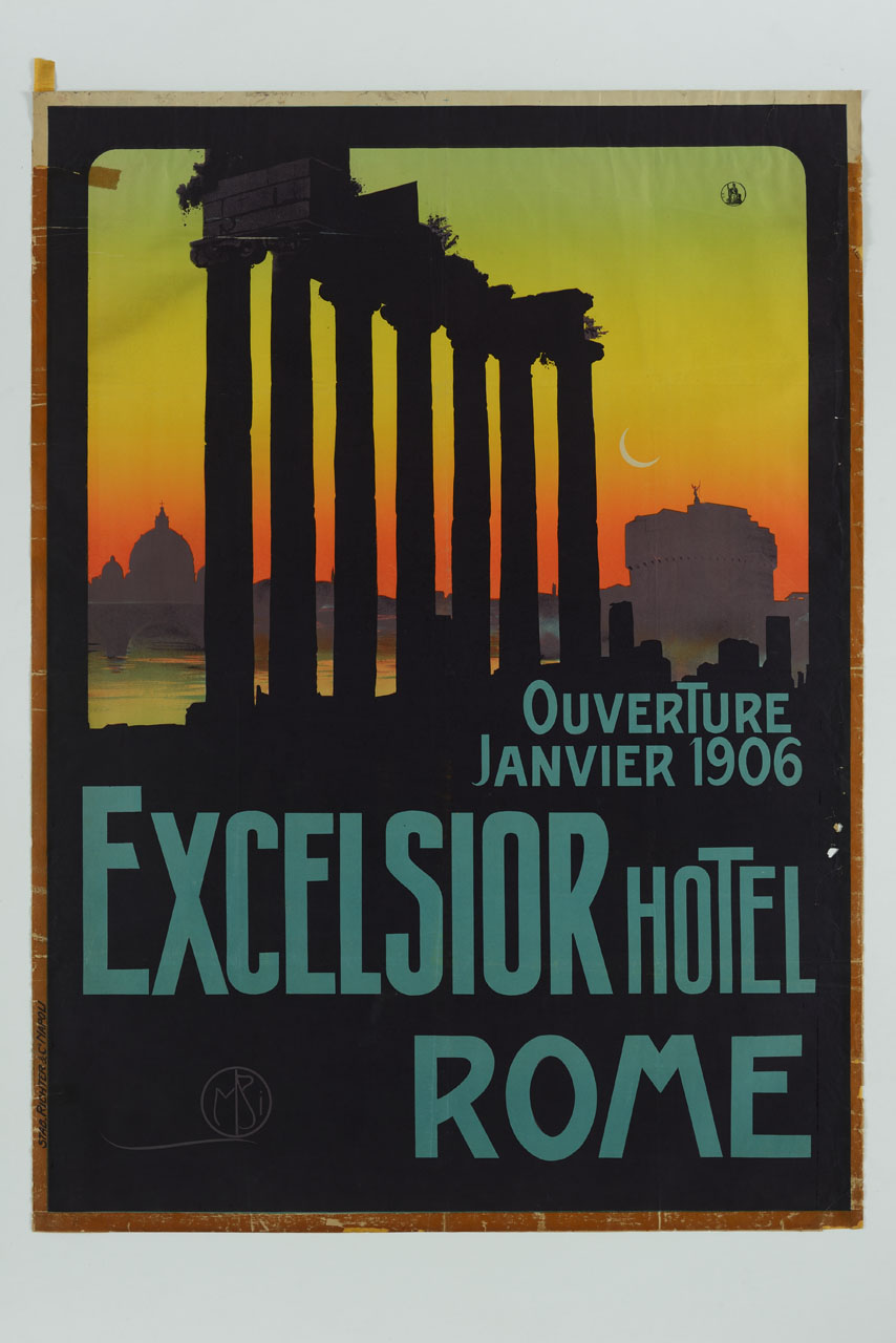 veduta di Roma con rovine del Foro in primo piano e San Pietro e Castel Sant'Angelo sullo sfondo (manifesto) di Borgoni Mario (sec. XX)