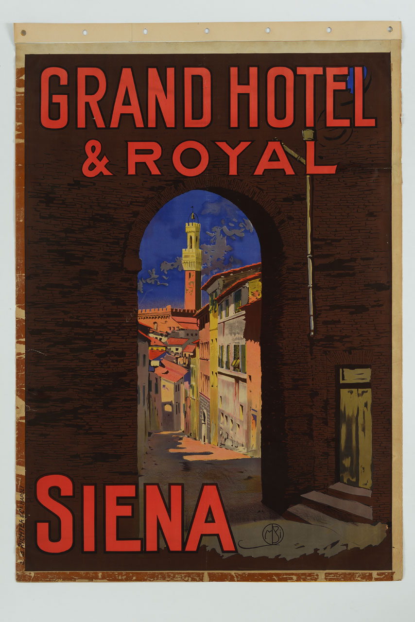 veduta di Siena con il Palazzo Pubblico e la torre del Mangia (manifesto) di Borgoni Mario (sec. XX)