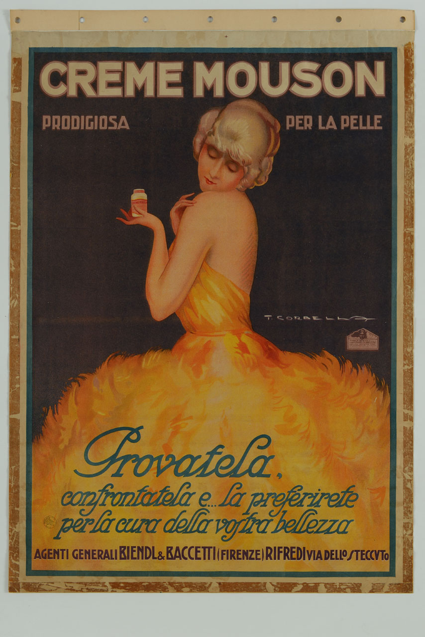 donna in abito da sera si spalma la crema sulla spalla (manifesto) di Corbella Tito (sec. XX)