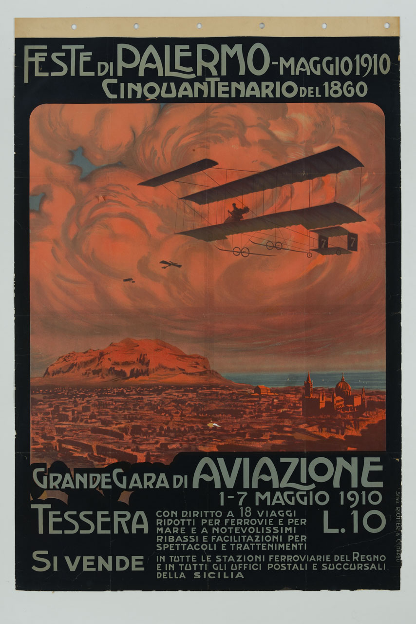 veduta di Palermo con aeroplani in volo (manifesto) di Borgoni Mario (attribuito) (sec. XX)