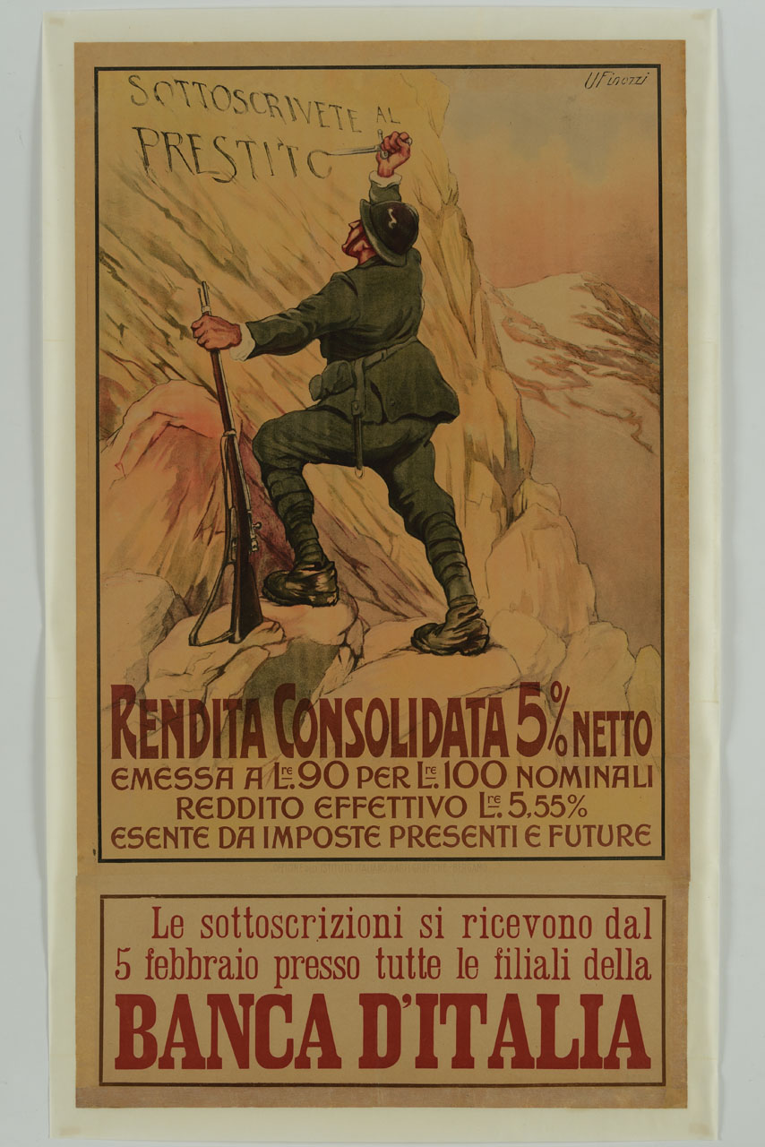 soldato di spalle incide sulla roccia un'iscrizione con la baionetta (manifesto) di Finozzi Ugo (sec. XX)