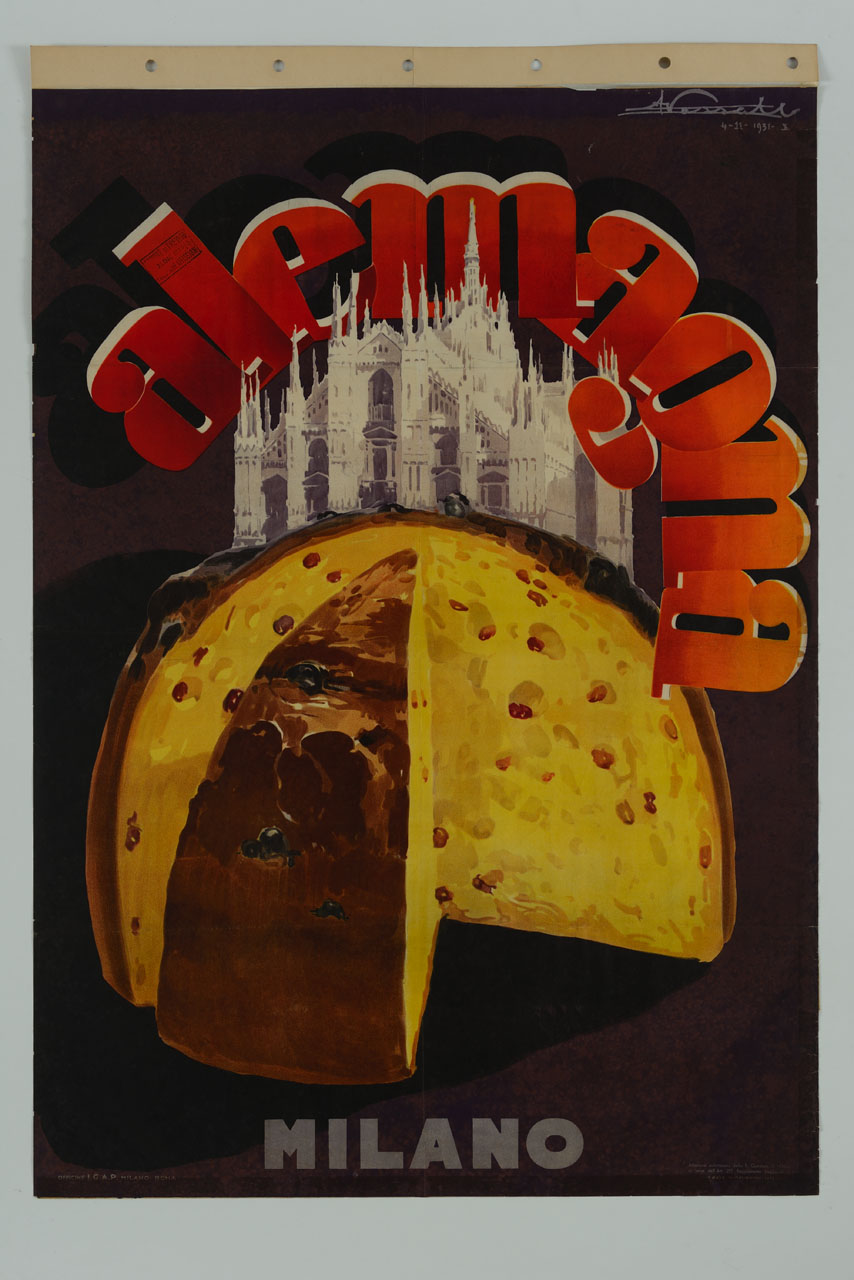 panettone con duomo di Milano sullo sfondo (manifesto) di Vassallo Armando (sec. XX)