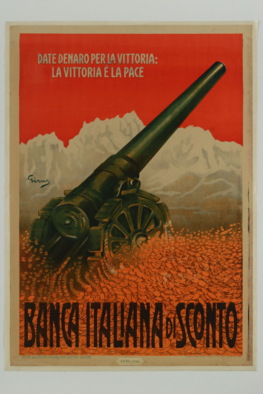 cannone circondato da monete con catena montuosa sullo sfondo (manifesto) di Russo Giuseppe detto Girus (sec. XX)
