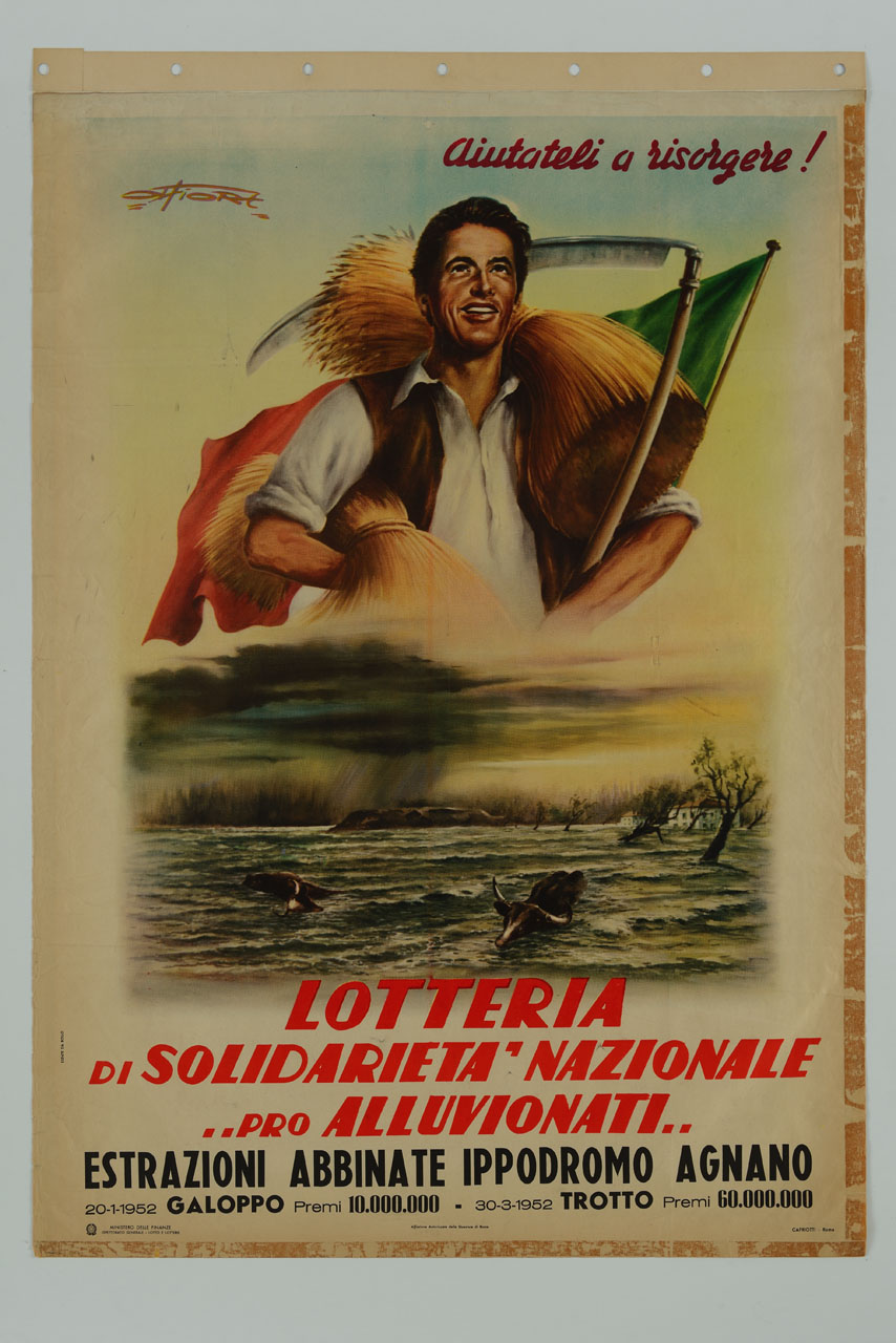 contadino con fasci di spighe, falce e bandiera italiana sopra paesaggio alluvionato (manifesto) di Fiore Amleto (sec. XX)