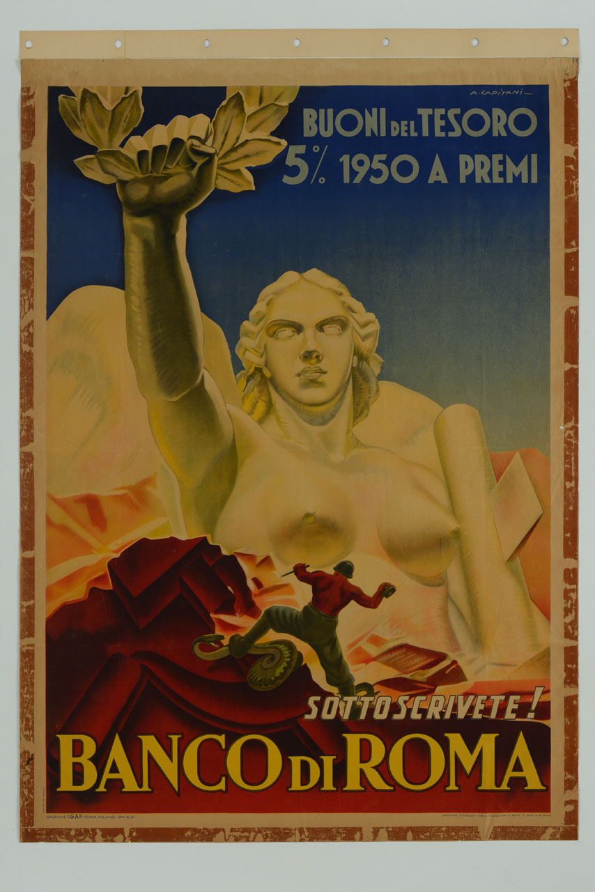 soldato scolpisce la Vittoria alata con fascio littorio e corona d'alloro al posto del simbolo della falce e martello (manifesto) di Capitani Alfredo (sec. XX)