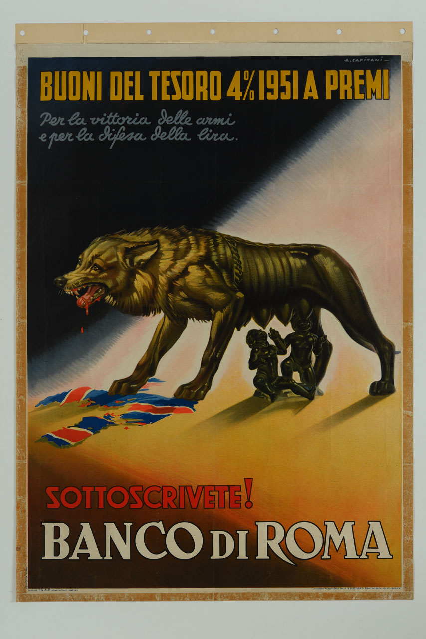 Lupa Capitolina allatta Romolo e Remo dopo aver fatto a brandelli la bandiera britannica (manifesto) di Capitani Alfredo (sec. XX)