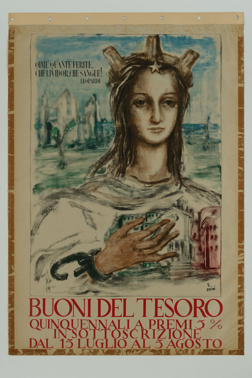 personificazione dell'Italia con catena spezzata al polso stringe al petto un paese sullo sfondo di case distrutte (manifesto) di Brini Ercole (sec. XX)