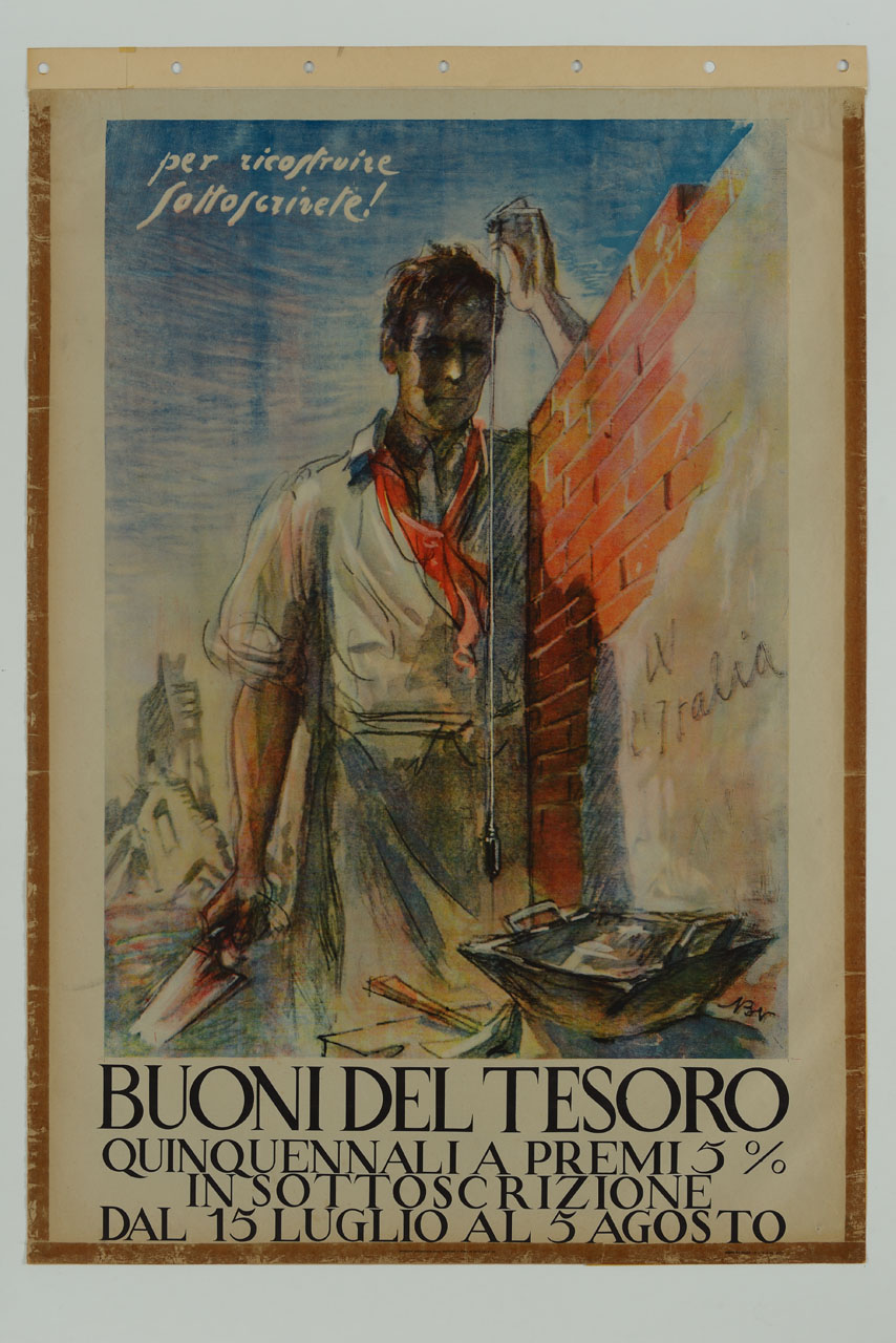 muratore verifica un muro con il filo a piombo sullo sfondo di case distrutte (manifesto) - ambito italiano (sec. XX)