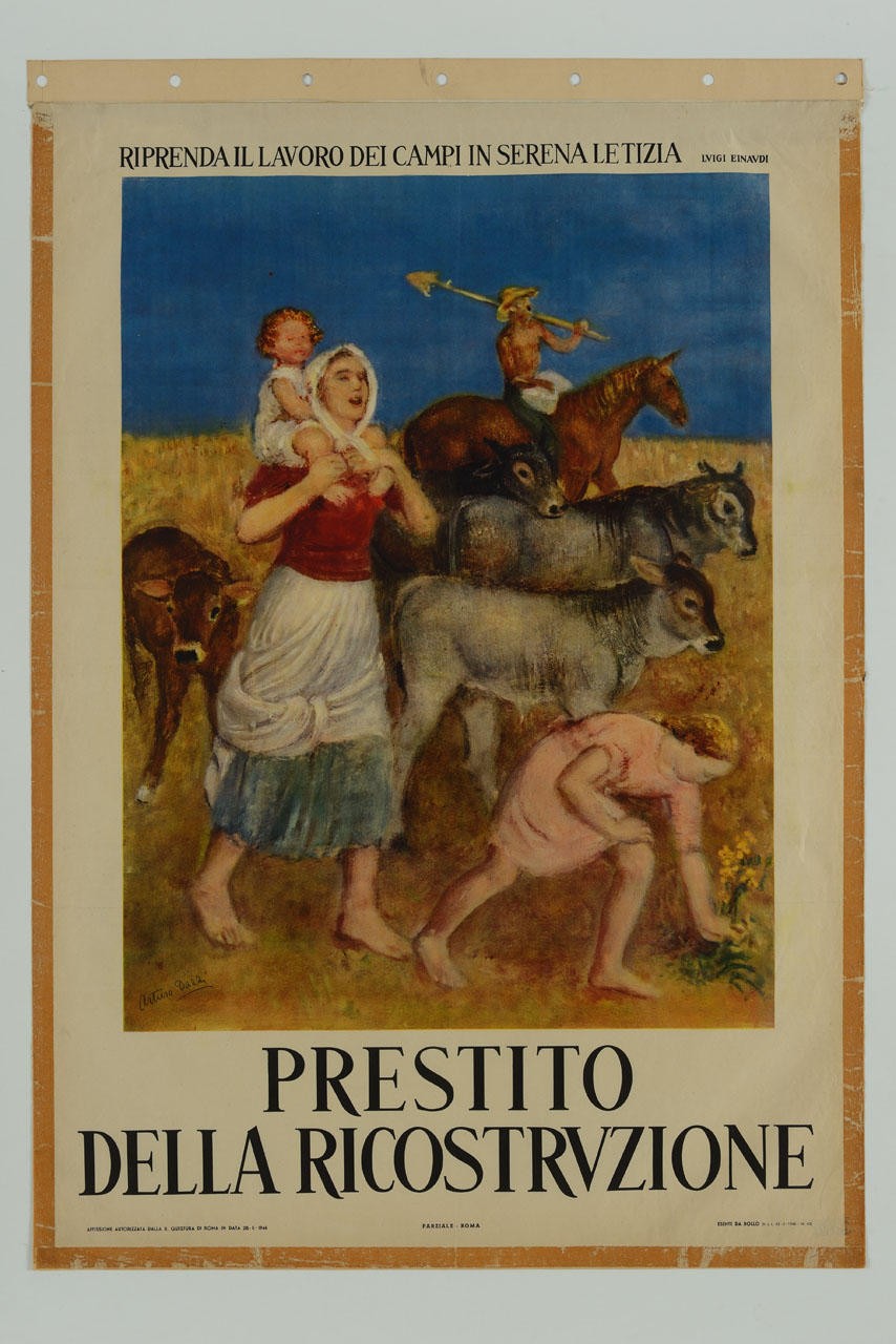 famiglia di contadini con cavallo e vitelli (manifesto) di Dazzi Arturo (sec. XX)