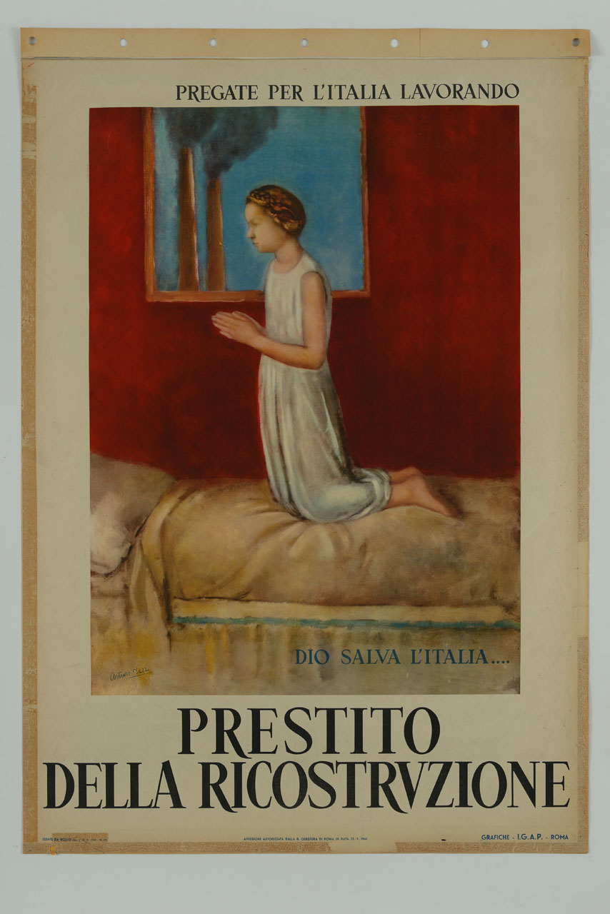 fanciulla prega inginocchiata sul letto (manifesto) di Dazzi Arturo (sec. XX)
