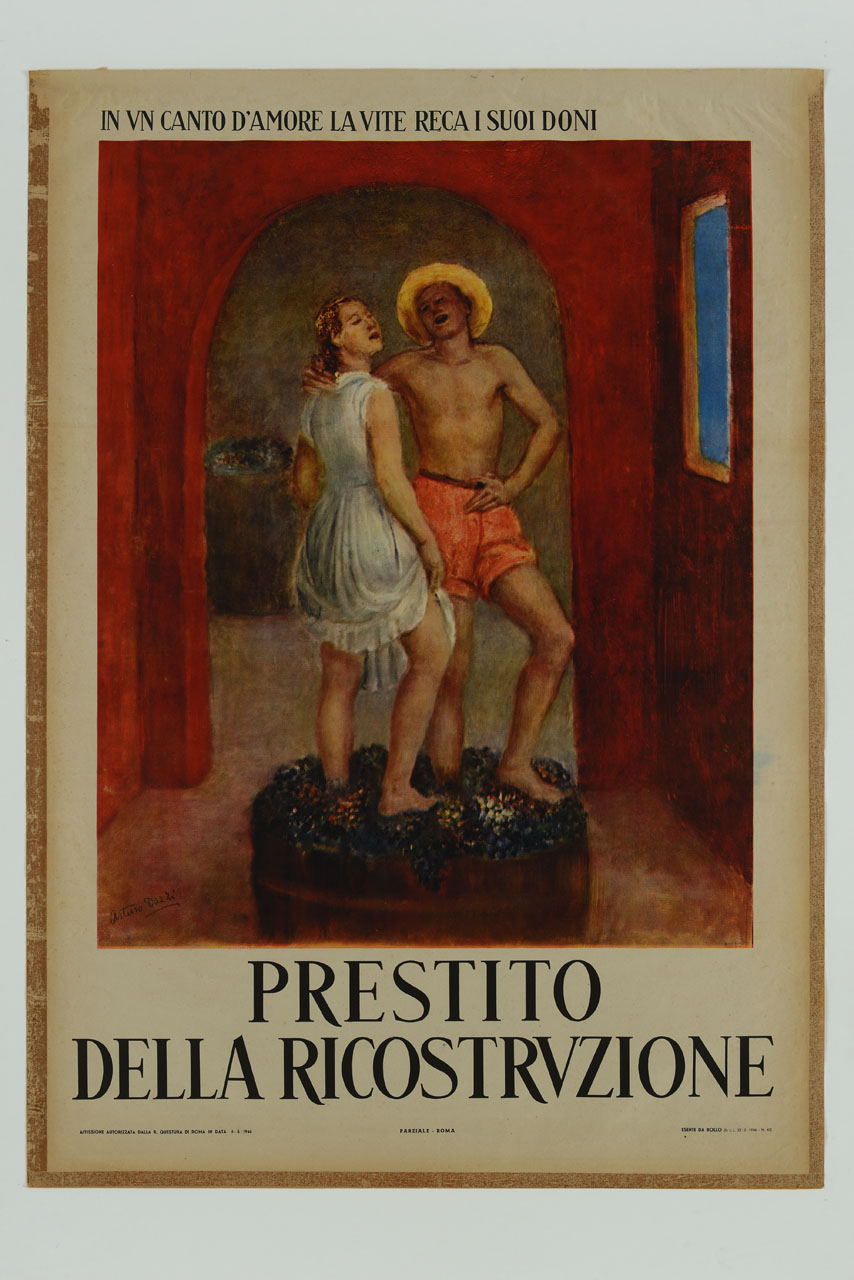 coppia di giovani pigia l'uva nel tino cantando (manifesto) di Dazzi Arturo (sec. XX)