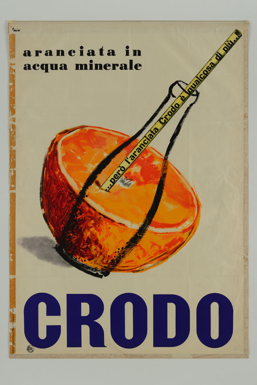 sagoma di bottiglia e cannuccia sovrapposte a mezza arancia (manifesto) di Brini Ercole (sec. XX)