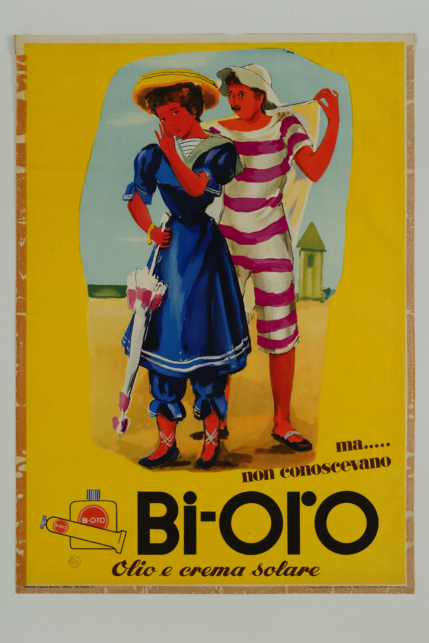 giovane coppia in costume da bagno antico ustionata dal sole sulla spiaggia (manifesto) di Brini Ercole (sec. XX)