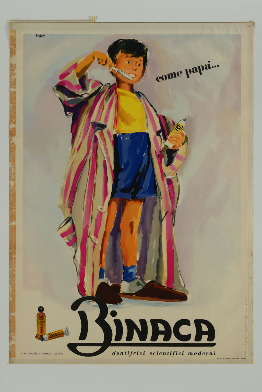 bambino si lava i denti indossando la vestaglia e le ciabatte del padre (manifesto) di Brini Ercole (sec. XX)