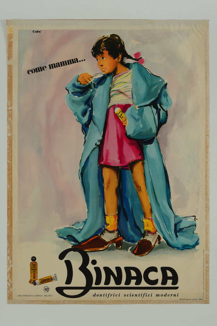 bambina si lava i denti indossando la vestaglia e le ciabatte della madre (manifesto) di Brini Ercole (sec. XX)