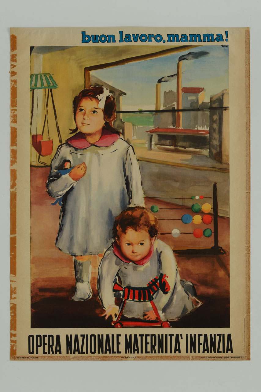 bambini alla scuola materna con fabbrica sullo sfondo oltre la finestra (manifesto) di Brini Ercole (sec. XX)