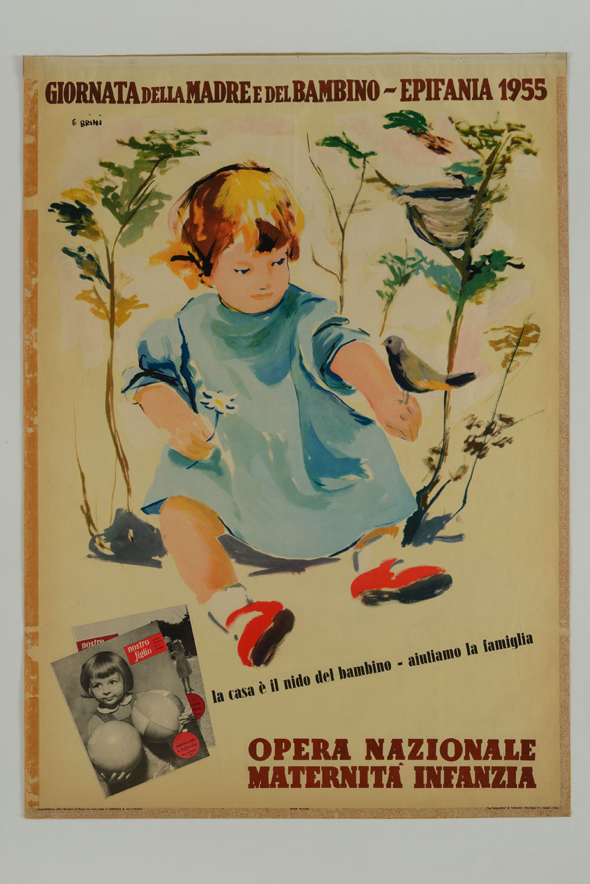 bambina seduta in giardino con uccellino posato sulla mano e riviste (manifesto) di Brini Ercole (sec. XX)