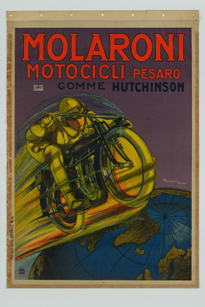 motociclista su motocicletta lanciata a grande velocità sopra il globo terrestre (manifesto) di Bonazzi Emma detta Tigiu (sec. XX)
