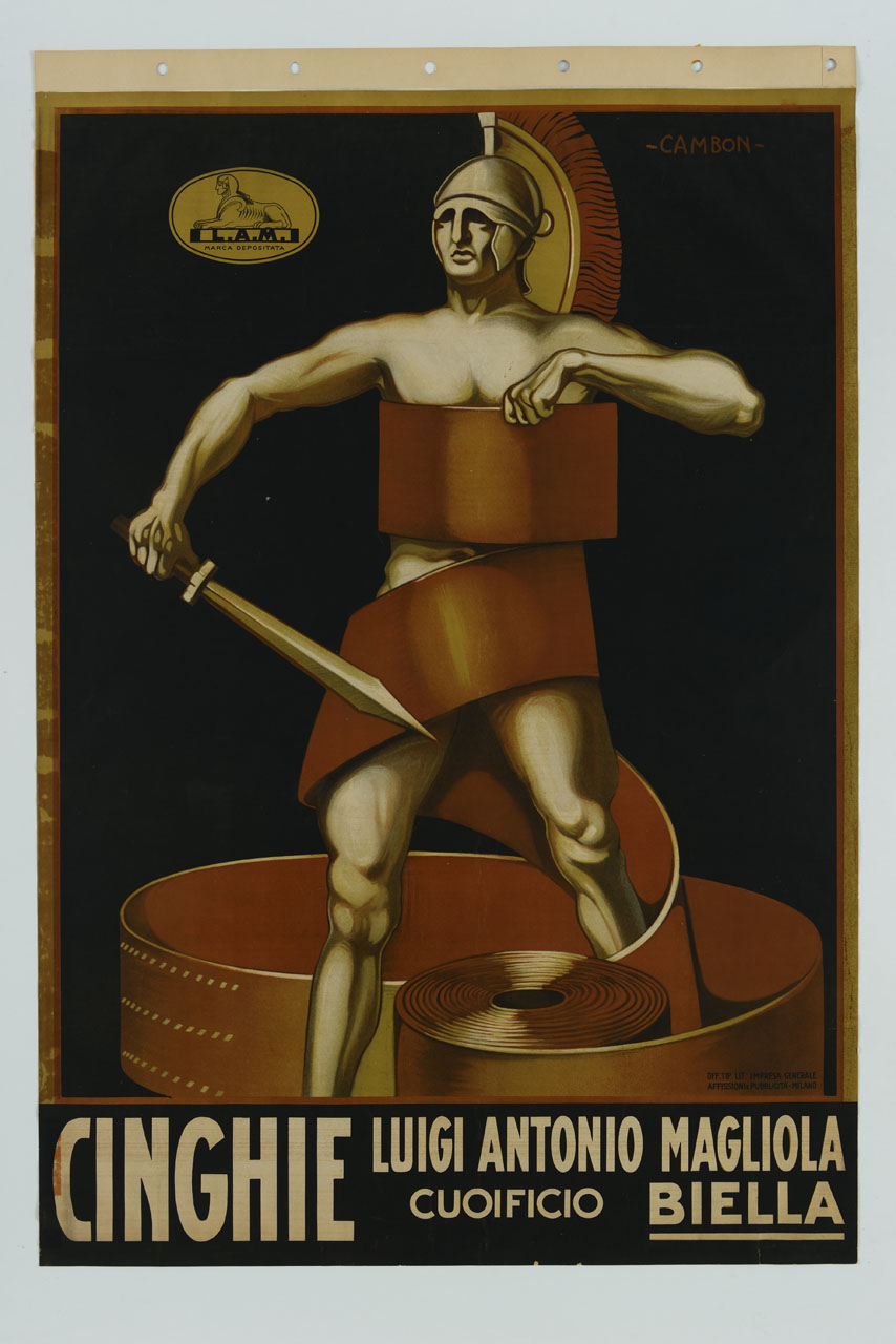 guerriero antico con elmo e spada avvolto da una cinghia di cuoio (manifesto) di Cambon Glauco (sec. XX)