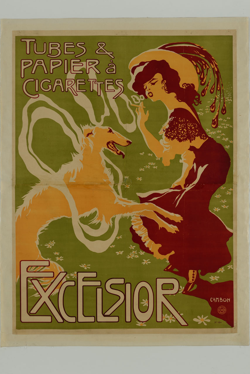 giovane donna con sigaretta forma anelli di fumo attraverso i quali salta un cane (manifesto) di Cambon Glauco (sec. XX)