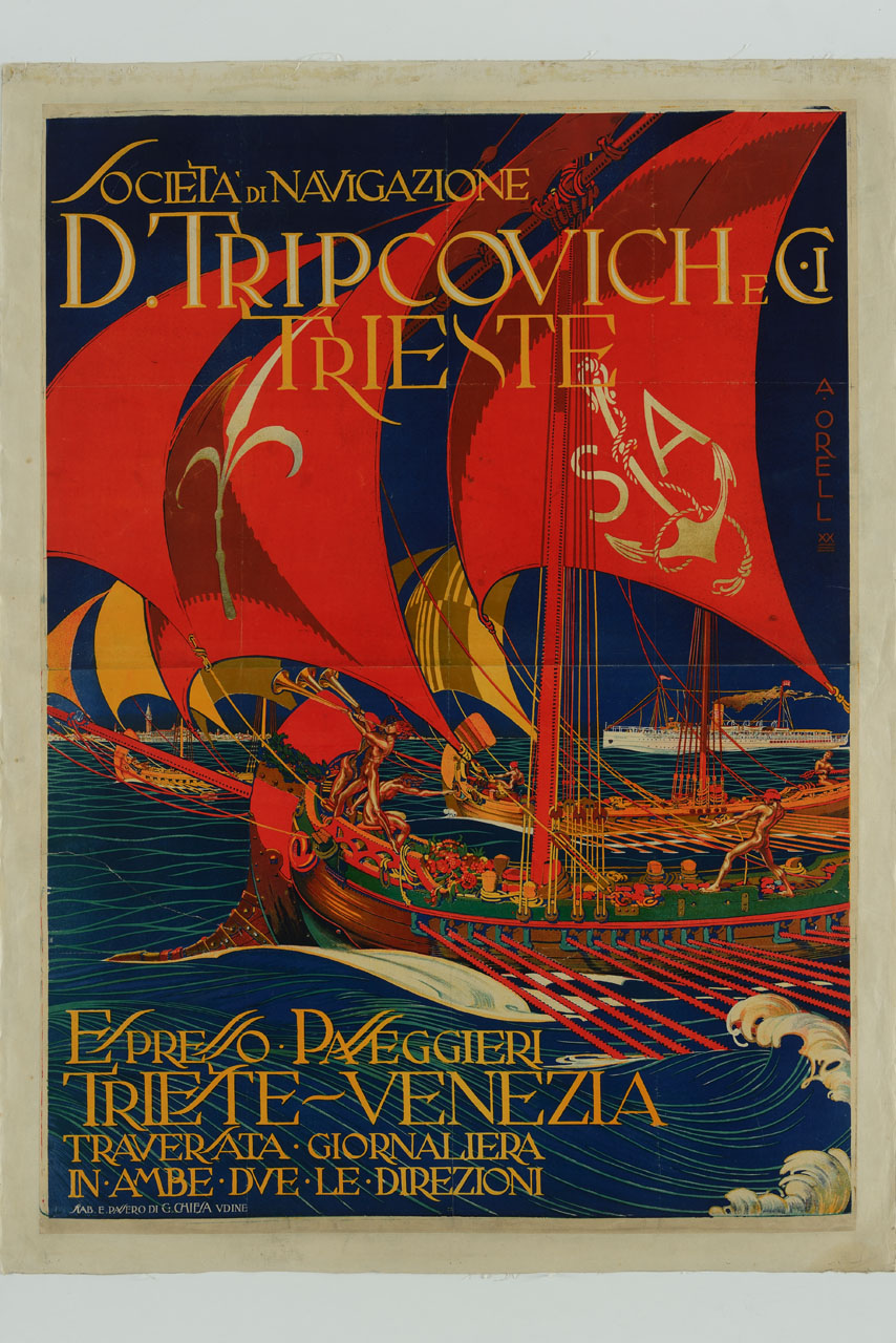 tre antiche galee e un traghetto solcano il mare davanti a Venezia (manifesto, stampa composita) di Orell Argio (sec. XX)