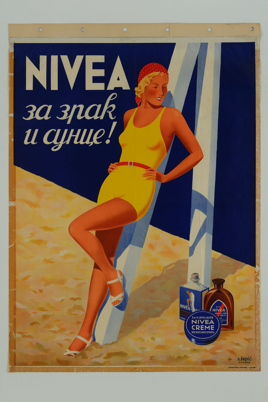 giovane donna in costume da bagno e confezioni di crema (manifesto) di Sepic S - ambito jugoslavo (sec. XX)