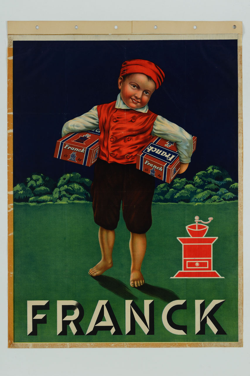 bambino tiene sotto le braccia due scatole di surrogato di caffè (manifesto) - ambito croato (sec. XX)