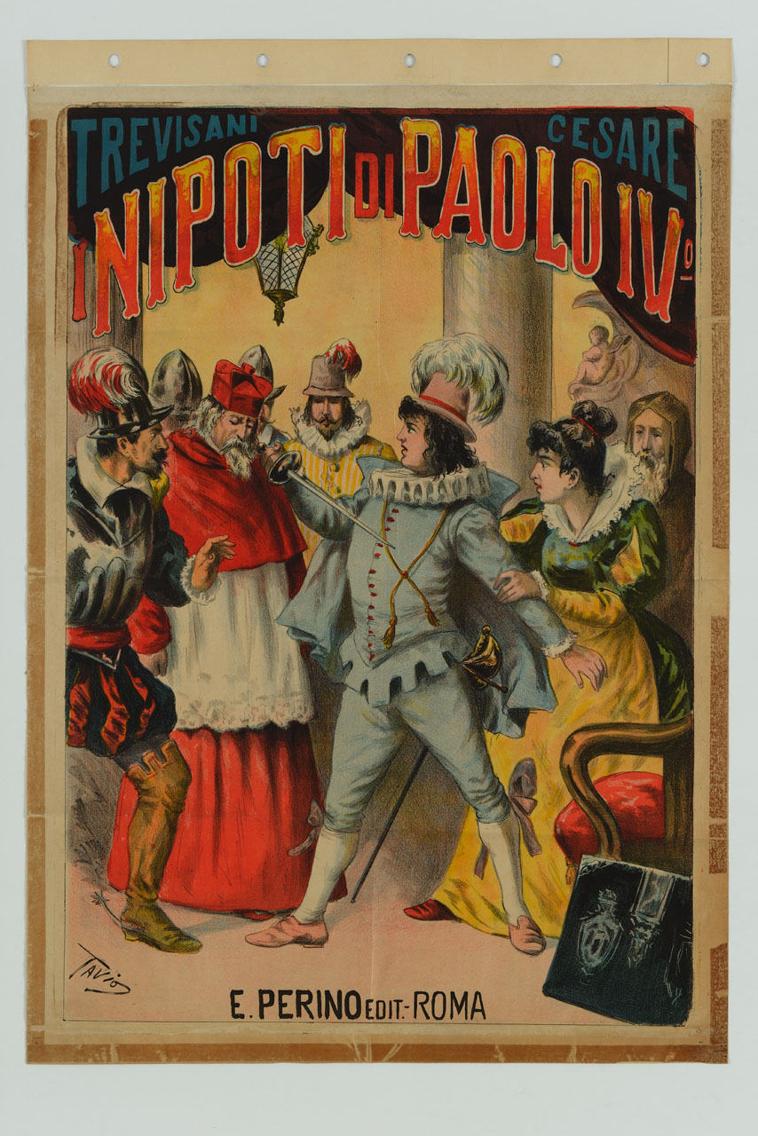 uomo minaccia di trafiggersi con un pugnale davanti a un cardinale (manifesto) di Rodella Ottavio detto Tavio (sec. XIX)