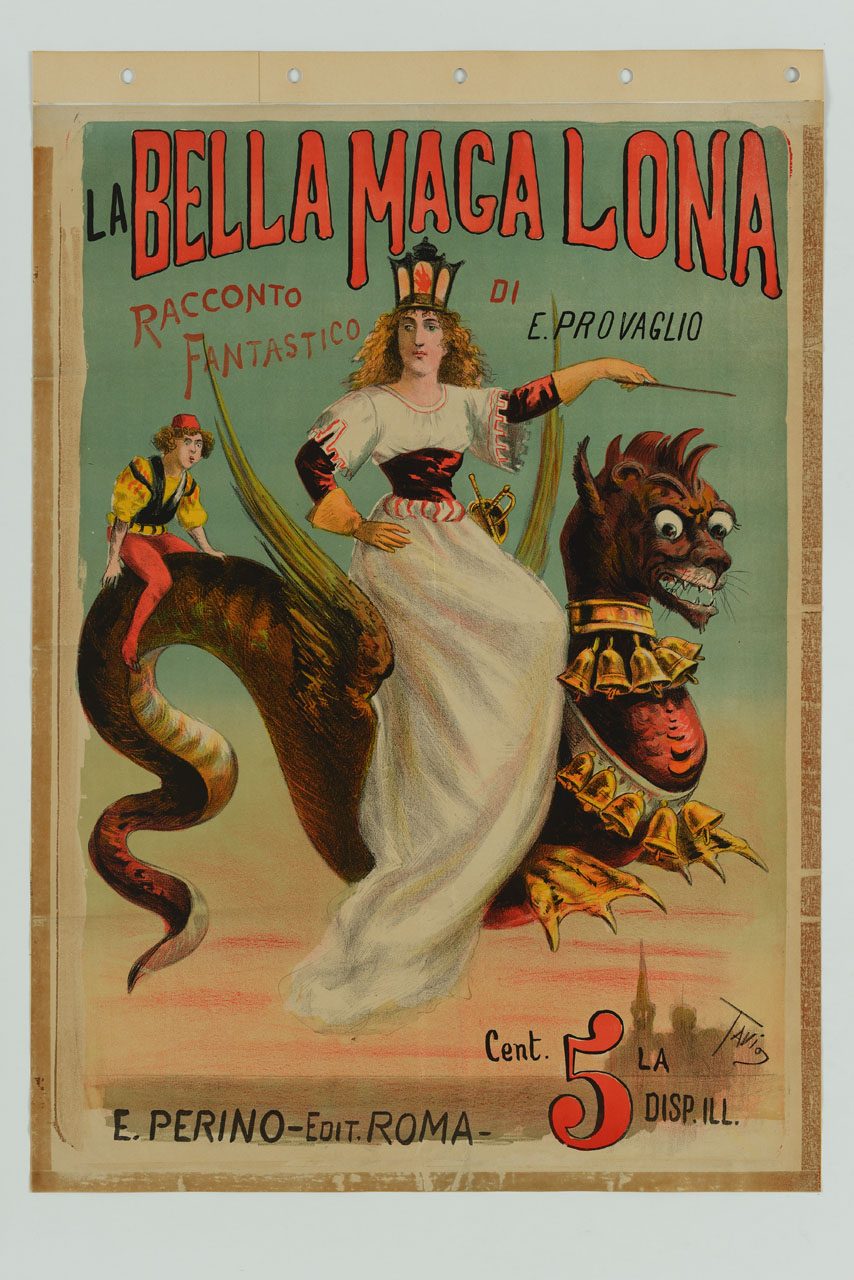 maga in groppa a un drago in volo con ragazzo sulla coda (manifesto) di Rodella Ottavio detto Tavio (sec. XIX)