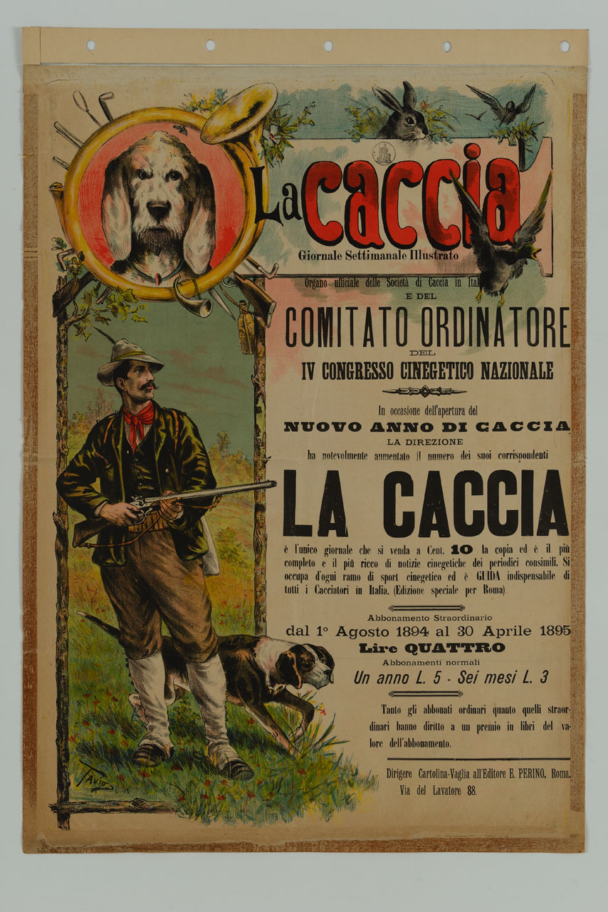 cacciatore con cane e fregio con corno da caccia cane e selvaggina (manifesto) di Rodella Ottavio detto Tavio (sec. XIX)