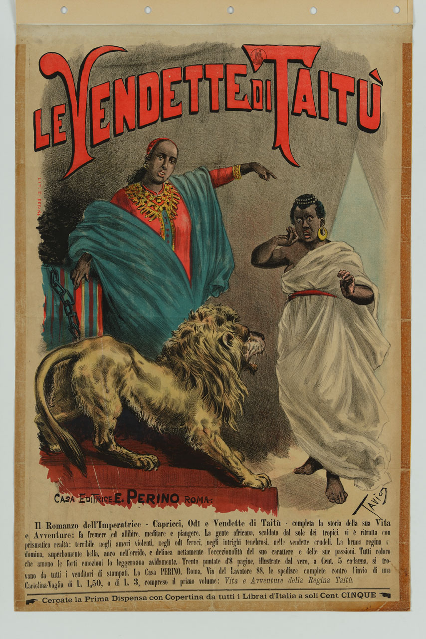 imperatrice etiope Taitù aizza un leone contro una donna (manifesto) di Rodella Ottavio detto Tavio (sec. XIX)