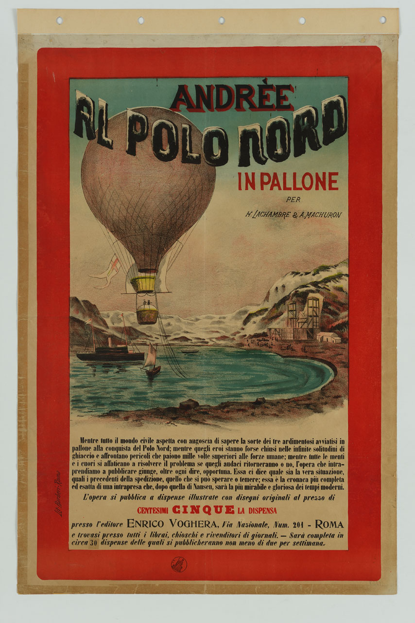 pallone aerostatico entro baia artica con imbarcazioni e costruzioni sulla riva (manifesto) di Marchetti Romeo (sec. XIX)