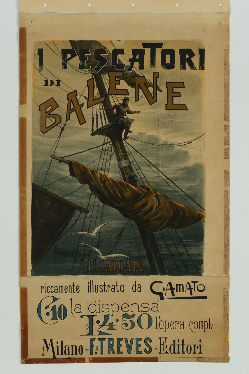 marinaio issato sull'albero maestro di un veliero scruta il mare (manifesto, stampa composita) - ambito italiano (sec. XIX)