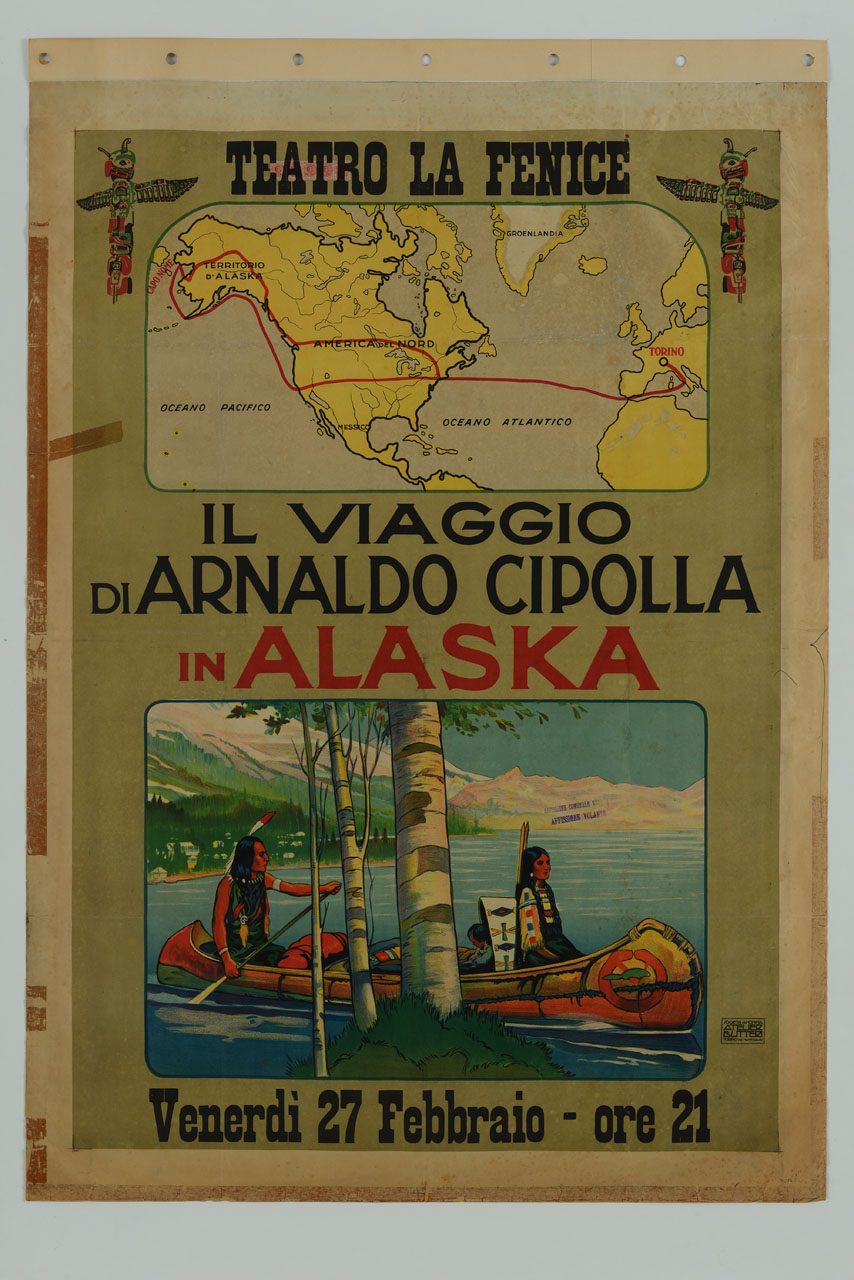 famiglia di indiani d'America in navigazione su un lago e carta geografica (manifesto) - ambito italiano (sec. XX)