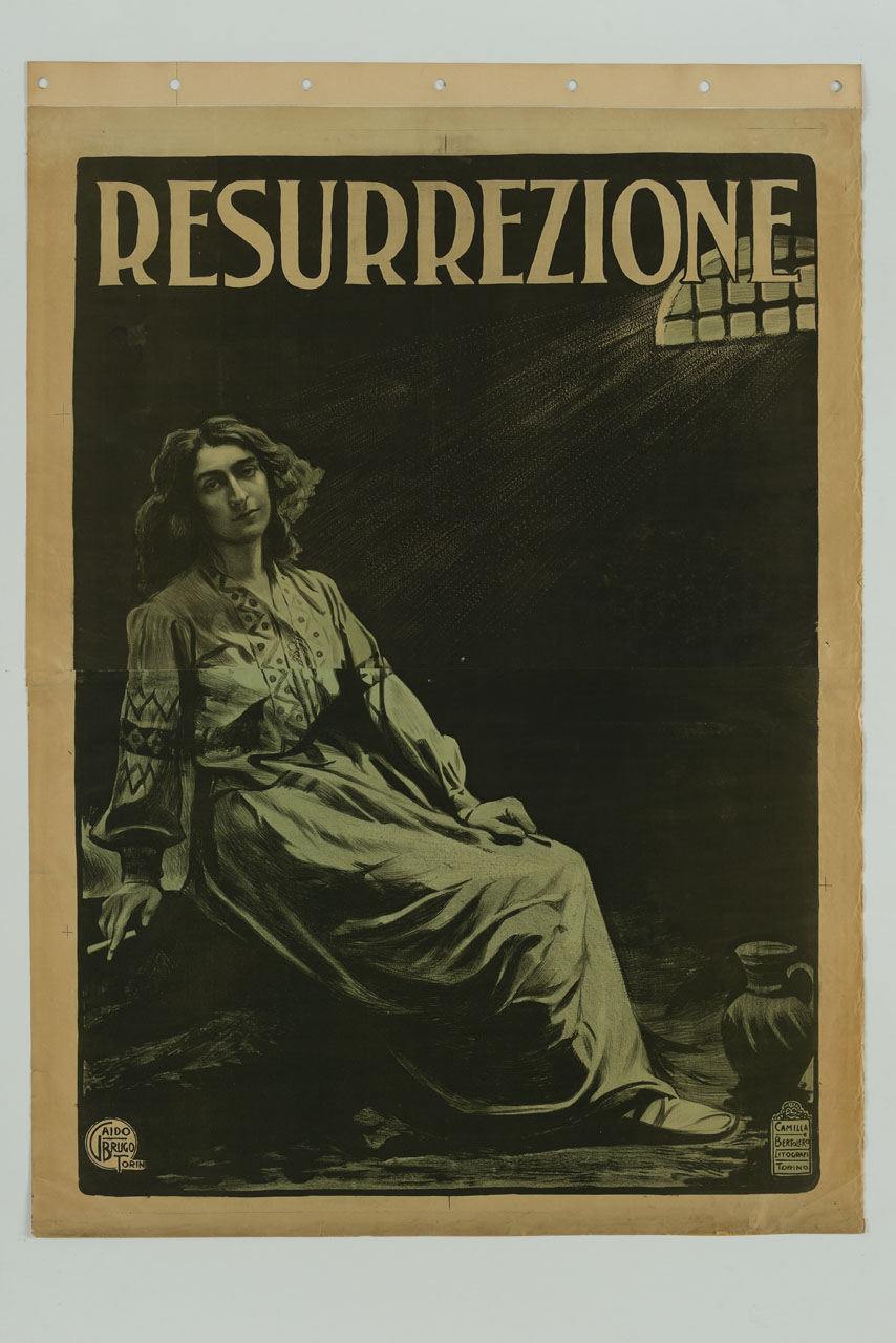 giovane donna seduta nella cella di un carcere (manifesto, stampa composita) di Gaido Domenico, Brugo Giulio (sec. XX)